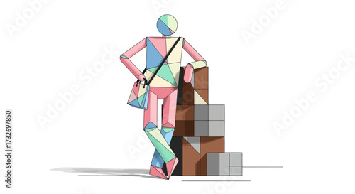 Colorful geometric figure of a person leaning on stacked boxes.