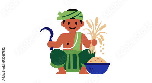 Cartoon illustration of a traditional Indian farmer harvesting crops.