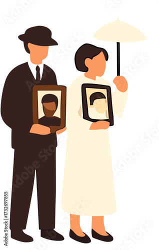 Three mourners in ceremonial attire carry framed portraits and umbrellas as part of a solemn funeral procession.