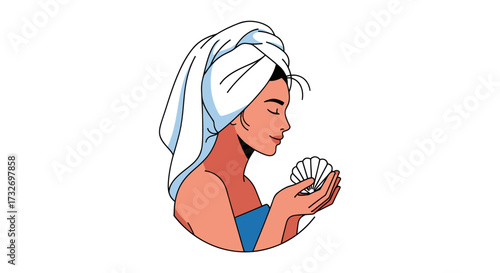 Serene woman in a towel holding a seashell for beauty.