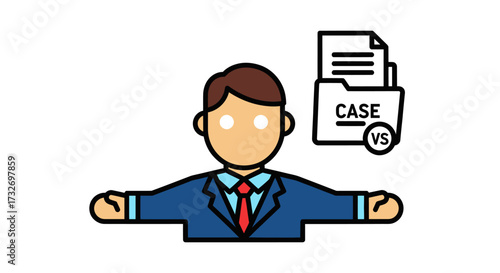 Businessman in a suit presenting a legal case file icon.