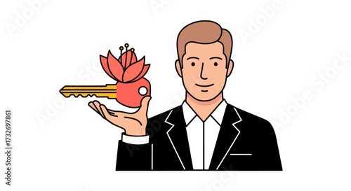 Man in a business suit holding a key with a lotus flower.