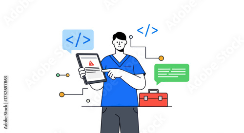 Software developer pointing at a tablet with a coding error.
