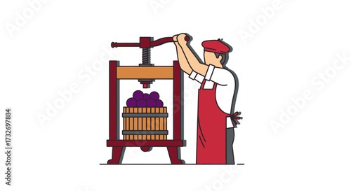 Winemaker operating a traditional wooden grape press illustration.