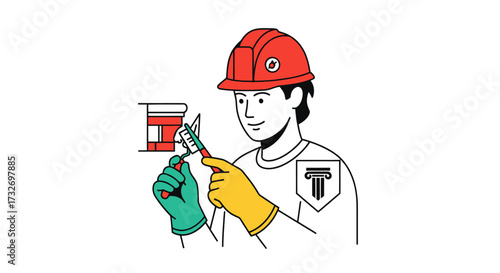 Illustration of a construction worker building a brick wall.