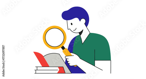 Young man with a magnifying glass studying a book illustration.