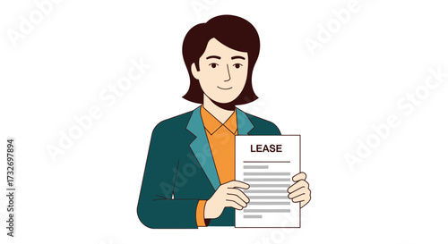 Professional woman in a suit holding a lease agreement document.