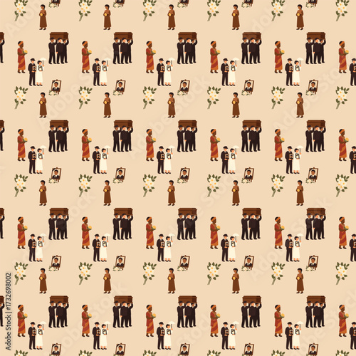 A seamless funeral-themed pattern features mourners, coffins, portraits, flowers, and ceremonial figures arranged in a respectful repeating design.
