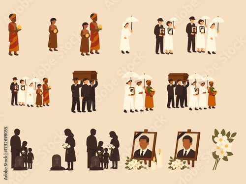 A collection of funeral-themed illustrations depicts mourners, coffins, processions, graves, flowers, and memorial portraits in solemn remembrance scenes.