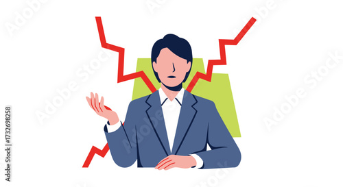 Businessman Explaining a Financial Crisis with a Downward Graph.