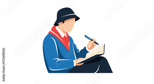 Illustration of a man in a hat writing in a notebook.