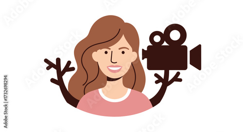 Cartoon illustration of a female filmmaker holding a vintage camera.