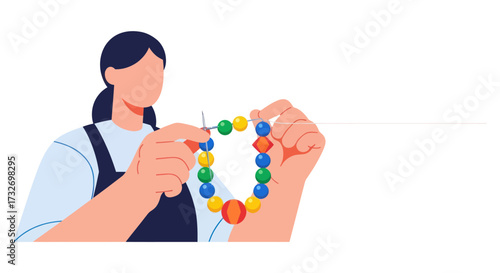 Illustration of a woman stringing colorful beads together.