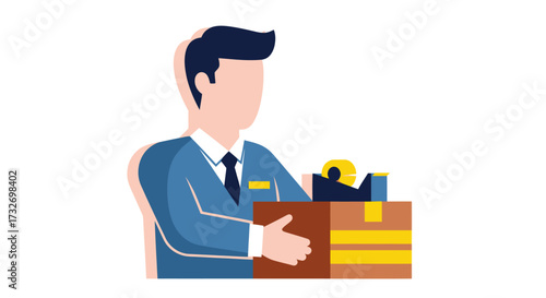 Businessman in a suit packing a cardboard box with tape dispenser.
