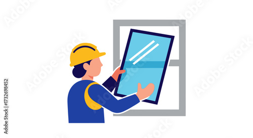 Construction worker in a hard hat installing a window pane.