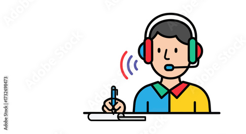 Cartoon operator with headset and microphone writing notes.