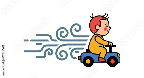 Cute cartoon boy riding a fast blue toy car.