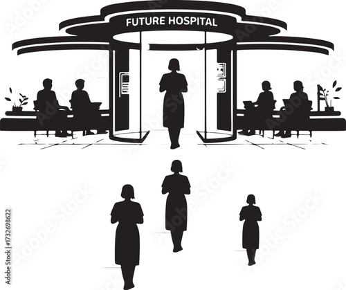 Silhouette of people entering a futuristic hospital with revolving doors and waiting area building entrance