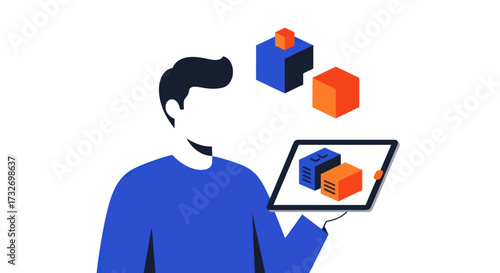 Man holding a tablet with augmented reality 3D cubes.