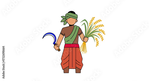 Illustration of a traditional Indian farmer holding a sickle and rice.
