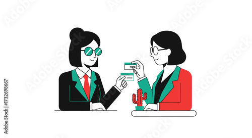 Two professional businesswomen exchanging cards in a modern illustration.
