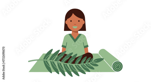 Illustration of a person with a palm frond on a green mat.
