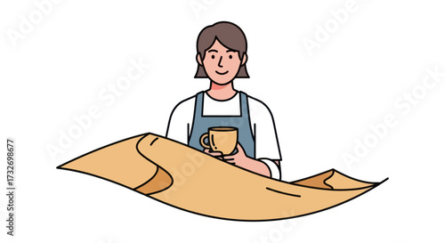 Young woman in an apron holding a cup of coffee.