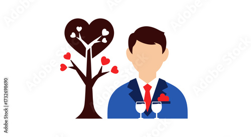 Vector illustration of a man celebrating love with a heart tree.
