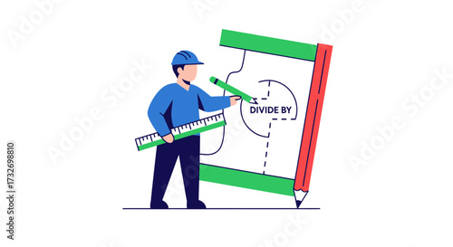 Engineer with a large ruler creating a technical drawing.