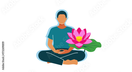 Man meditating in a peaceful lotus pose with a pink flower.