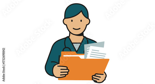 Smiling professional person holding a file folder with documents.