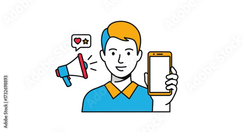Man with smartphone and megaphone for digital marketing.