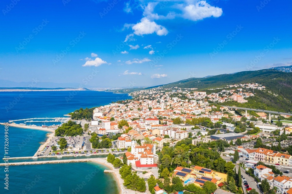 Naklejka premium Town of Crikvenica in Kvarner bay in Croatia, waterfront aerial view