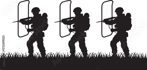 Three black silhouette soldiers with shields and rifles standing in grass military black and white