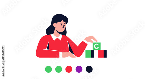 Female character arranging colorful toy blocks with letters.