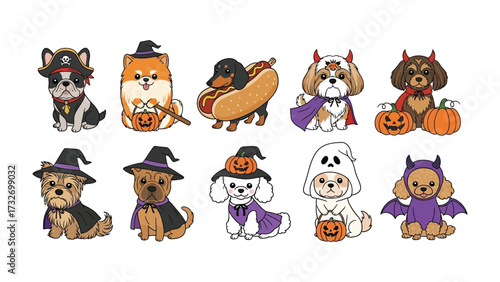 Halloween Pups' Parade: A captivating illustration showcases a whimsical collection of dogs dressed up in festive Halloween costumes, embodying the playful spirit of the season.