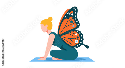 Woman with large monarch butterfly wings in a yoga pose.