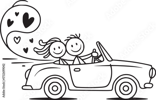 Love on the Open Road: A whimsical illustration of a happy couple cruising in a classic convertible, their hearts soaring with love and joy, evoking a sense of freedom and romance on a scenic journey.