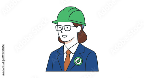 Professional female engineer wearing a green hard hat and business suit.