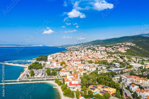 Town of Crikvenica in Kvarner bay in Croatia, waterfront aerial view