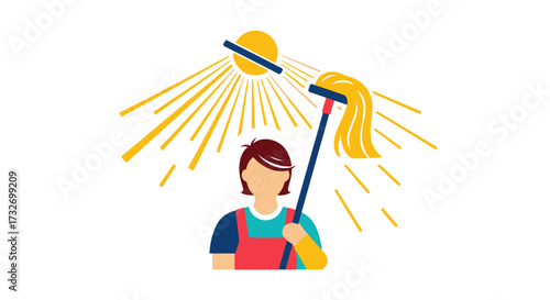 Vector illustration of a professional cleaner holding a mop.