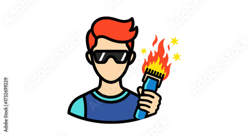 Stylish cartoon man with sunglasses holding a flaming hair clipper.