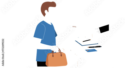 Minimalist vector illustration of a woman with a brown handbag.