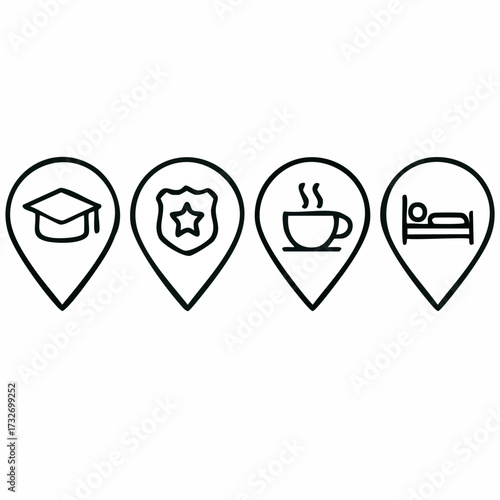 Set of four modern minimalist line art icons featuring map pins each uniquely representing a different service location for navigation and business purposes