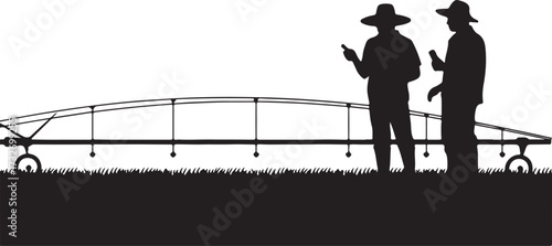 Two farmers in silhouette standing near a boom sprayer in a field agriculture farming