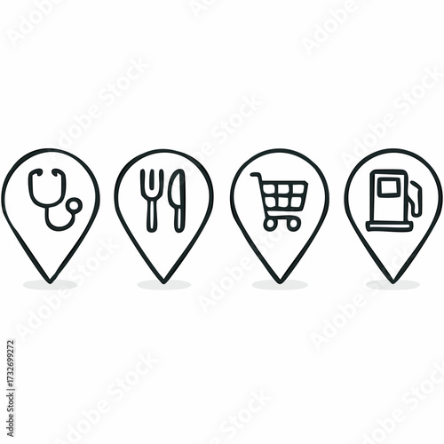 Set of 4 modern minimal line art icons featuring stylized fireflies and map pin shapes perfect for location based design concepts and navigation elements
