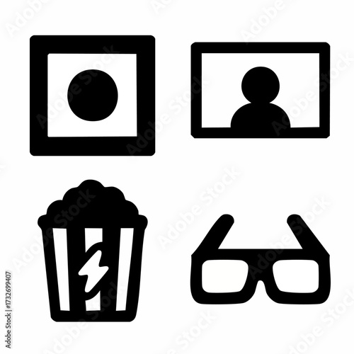 Collection of four solid filled icons depicting essential movie and photography equipment perfect for digital media and creative projects