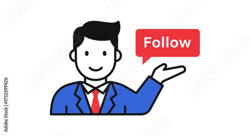 Businessman character pointing to a red follow button icon.