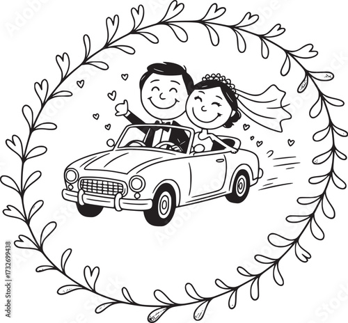 Just Married: A cartoon of happy couple in convertible, filled with joyous hearts and a loving couple in a vintage convertible, embracing the joy of their special day, with love!
