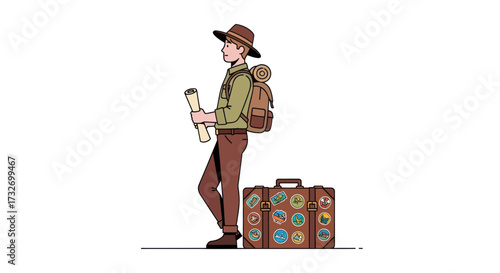 Young traveler with map and luggage ready for adventure.